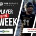 Copy of 2023 Athlete of the Week 80 | Press Pass Sports Banner for Press Pass Sports announcing 'Player of the Week' with a football player in a helmet on the right side and sponsor logos visible.