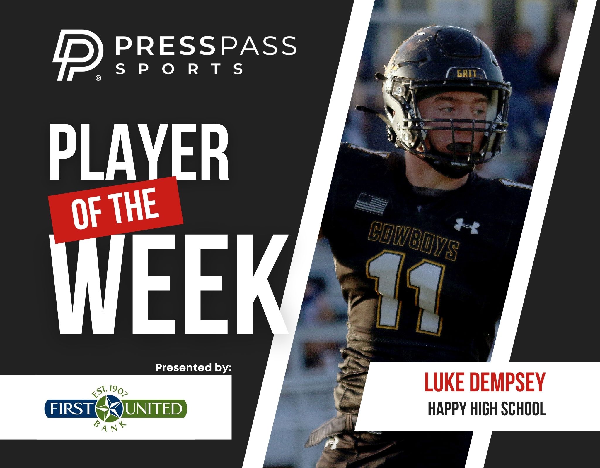 Copy of 2023 Athlete of the Week 80 | Press Pass Sports Banner for Press Pass Sports announcing'Player of the Week' with a football player in a helmet on the right side and sponsor logos visible.
