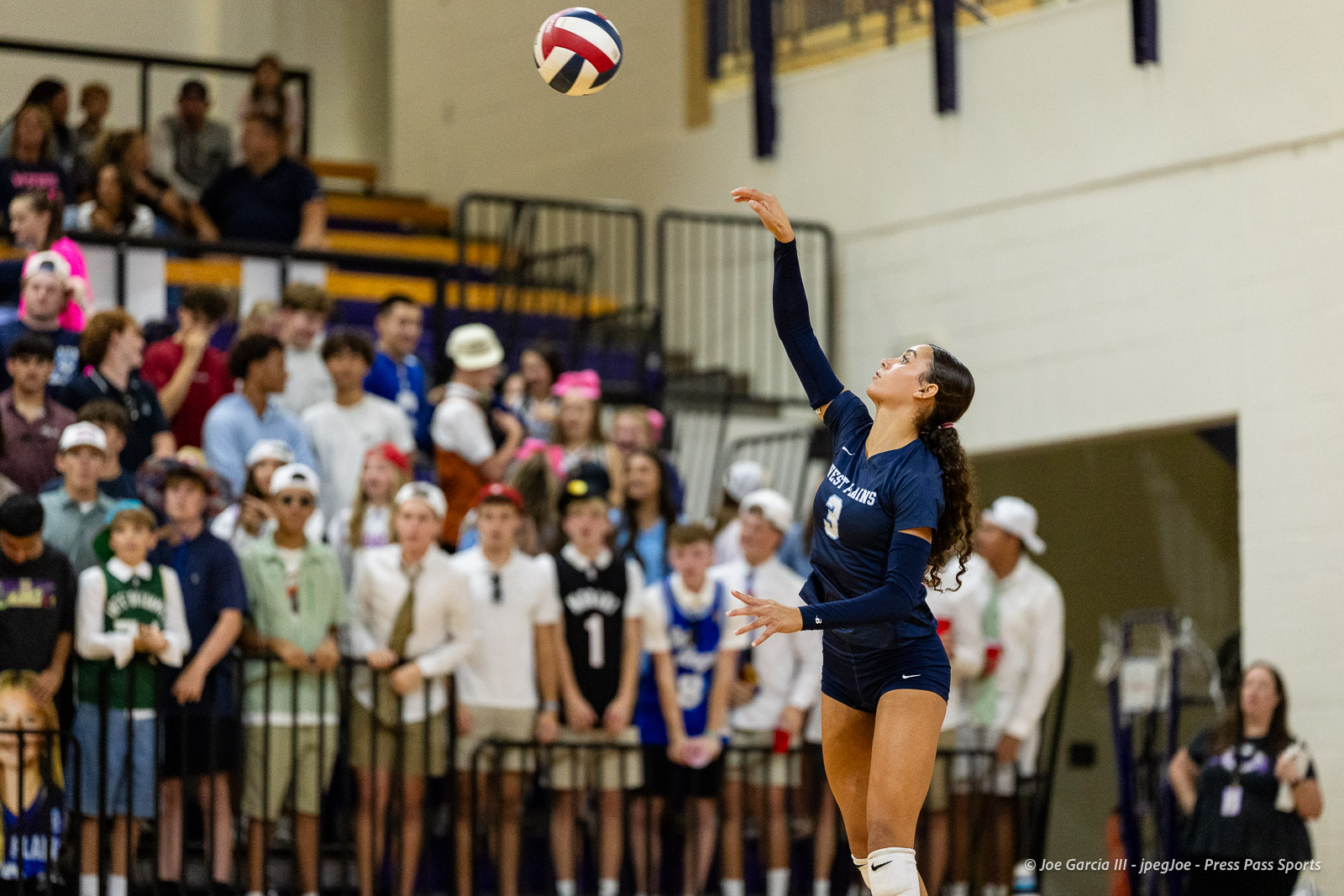 Female volleyball player in a navy uniform (number 3) serves the ball in a gym as a crowd watches from the stands in the background.