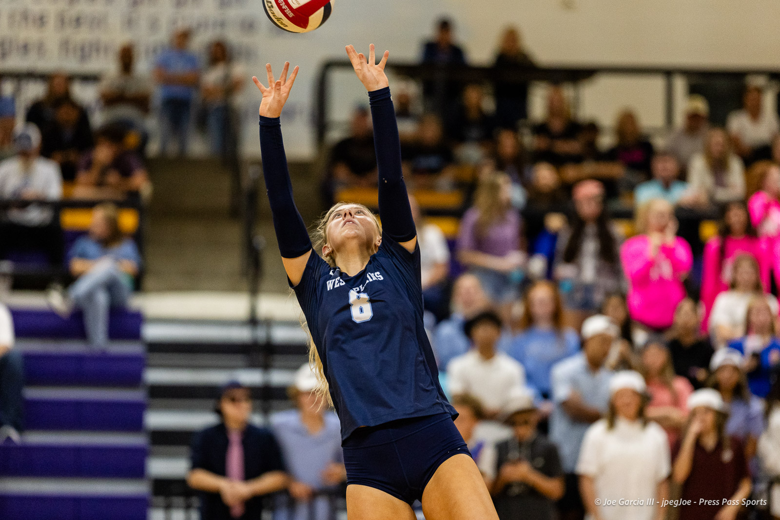 Female volleyball player in navy uniform with number 8 reaches upward to contact the ball during a match, with a crowded gymnasium in the background.
