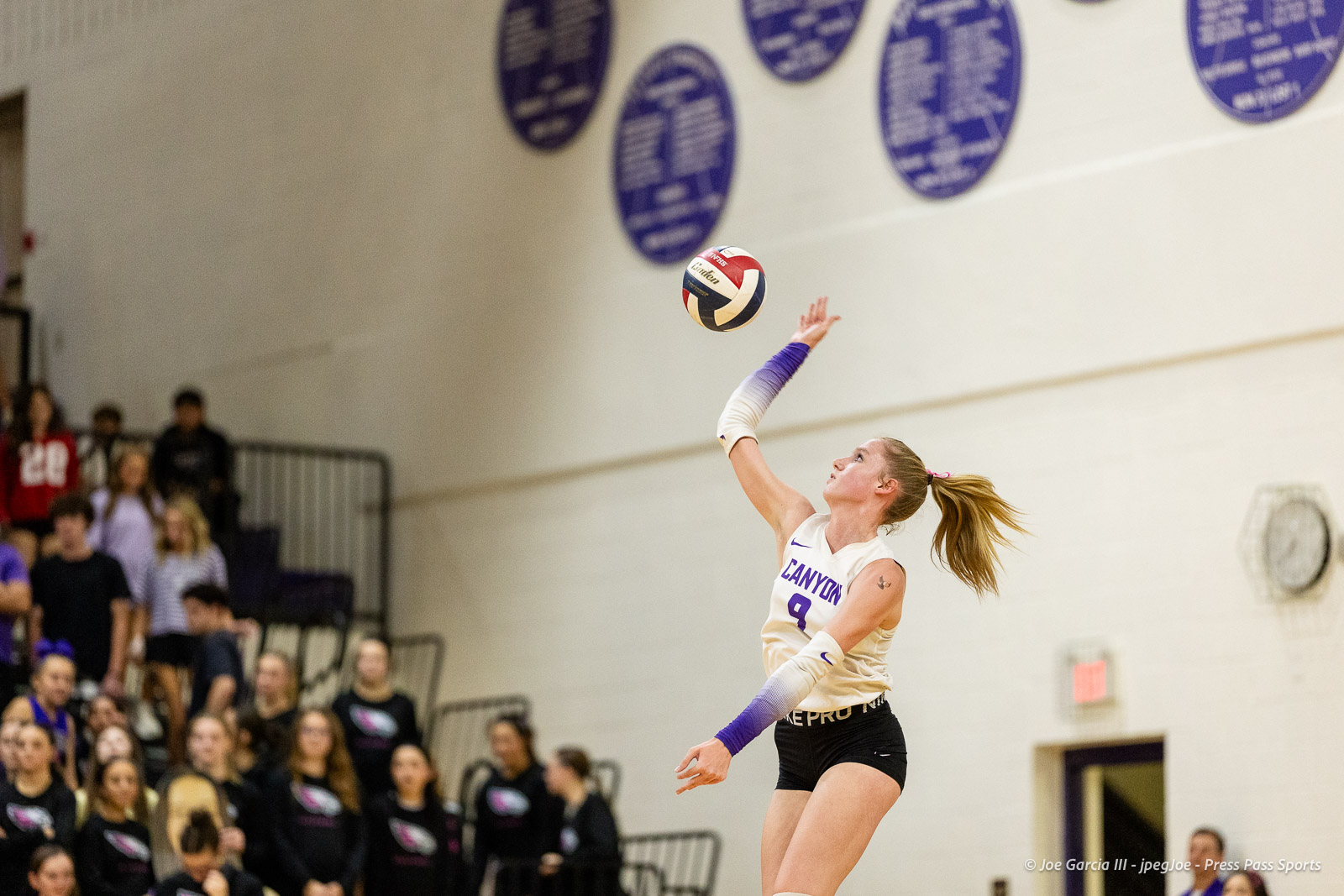 Female volleyball player in a white Canyon jersey spikes the ball mid-air in a gym, with a cheering crowd in the bleachers behind her.