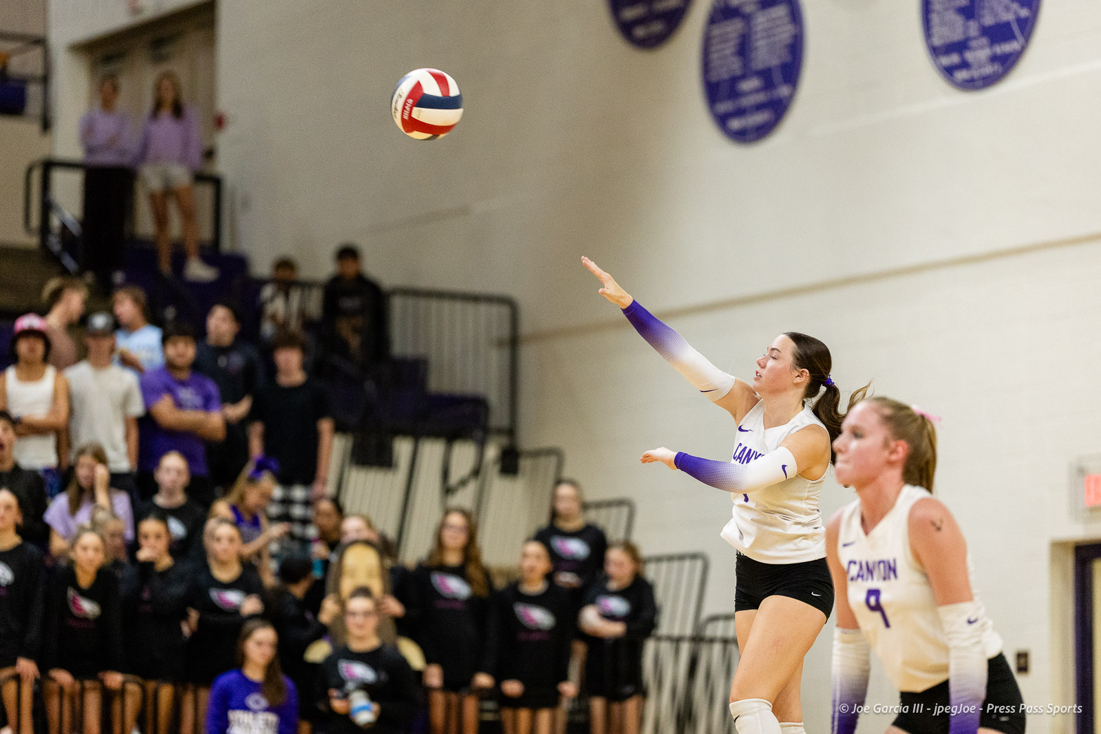 Volleyball player in a white and purple uniform reaches for a ball mid-air as the crowd watches from the bleachers.A dynamic volleyball moment in a gym.