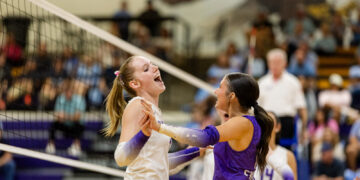 Two female volleyball players celebrate with a high-five at the net during a match, one in white and one in purple, with a cheering crowd in the background.
