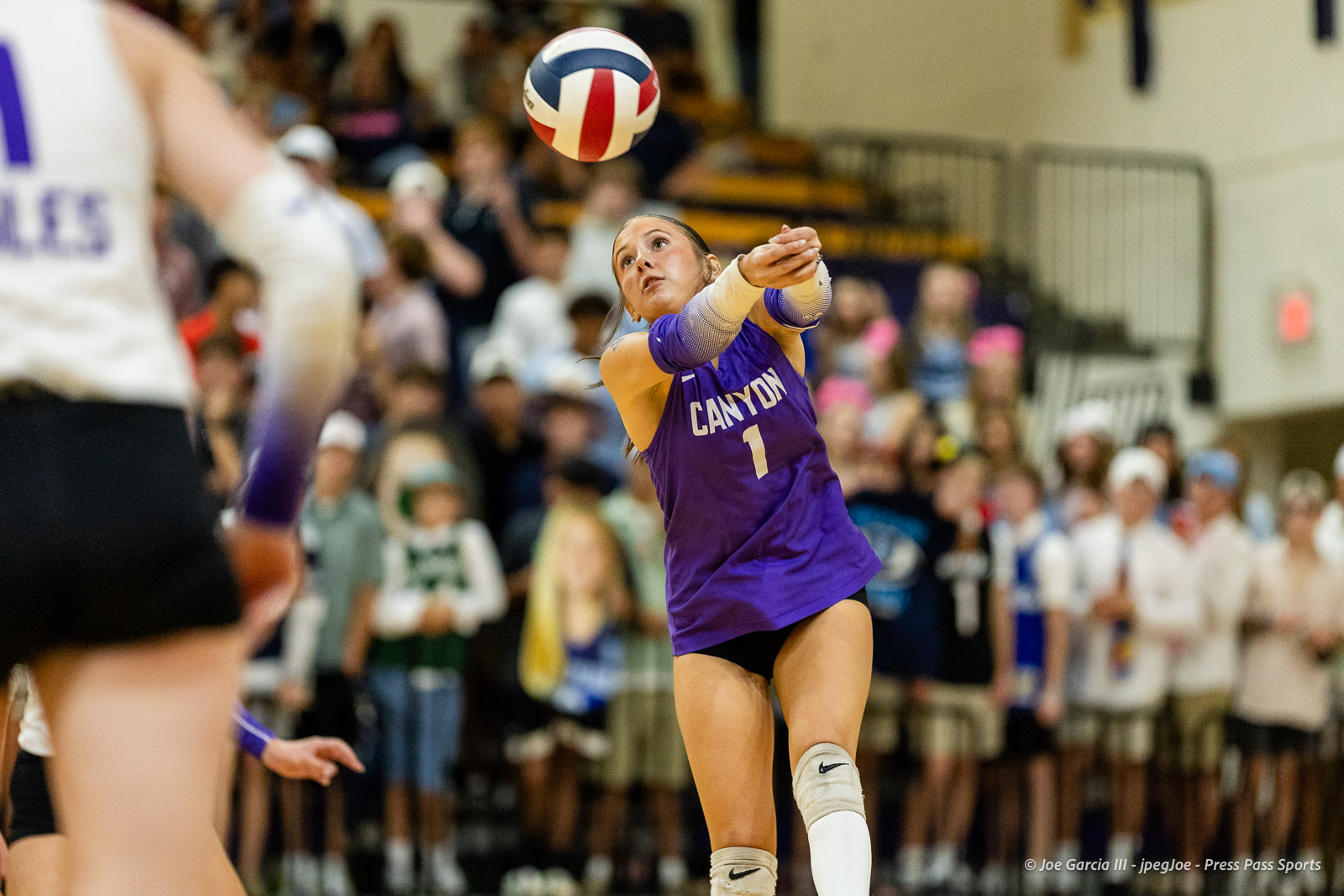 Canyon volleyball player in a purple jersey (#1) lunges to pass a ball during a crowded gym match with fans in the background onlookers.