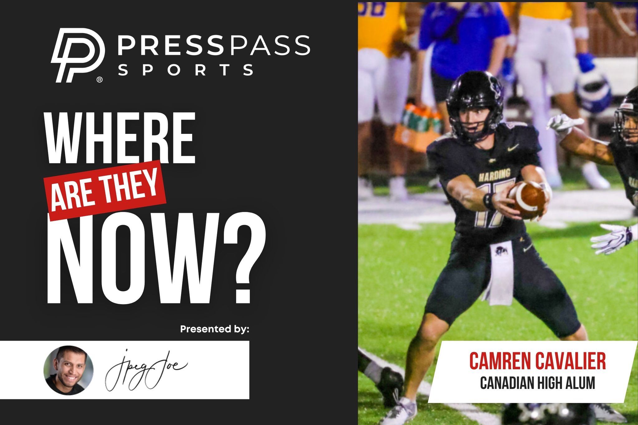 Where are they now 1 | Press Pass Sports Sports feature banner with dark left panel showing 'Press Pass Sports' and the title 'Where Are They Now?'; right side shows a football player in a black uniform carrying a ball on a green field.
