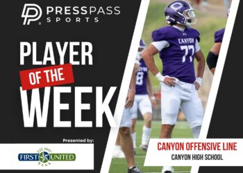 Copy of 2023 Athlete of the Week 83 | Press Pass Sports Promotional banner announcing 'Player of the Week' for Press Pass Sports, featuring a football player in a purple Canyon High School uniform on the right.