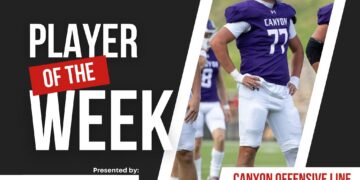 Promotional banner announcing 'Player of the Week' for Press Pass Sports, featuring a football player in a purple Canyon High School uniform on the right.
