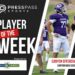 Copy of 2023 Athlete of the Week 83 | Press Pass Sports Promotional banner announcing 'Player of the Week' for Press Pass Sports, featuring a football player in a purple Canyon High School uniform on the right.