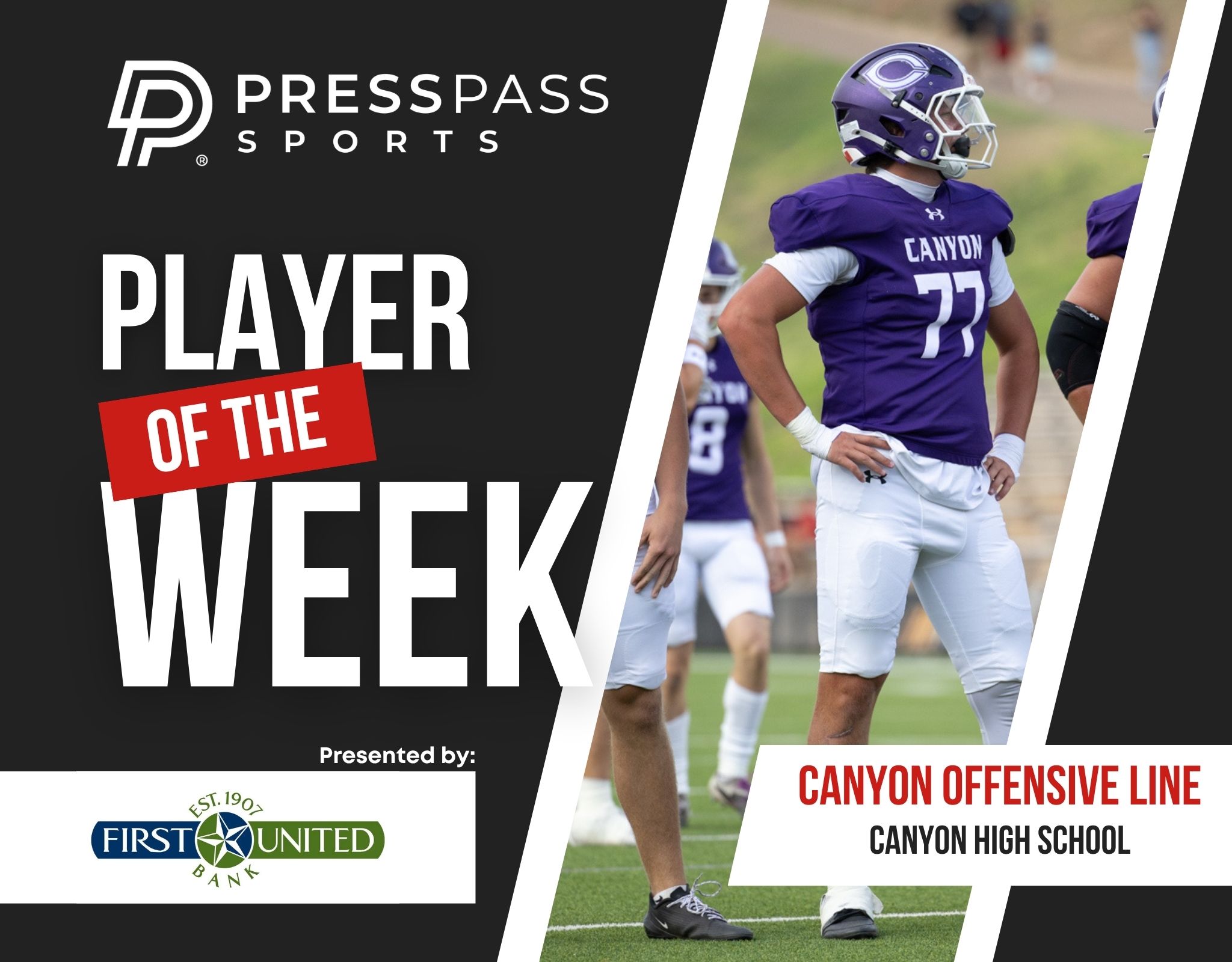 Copy of 2023 Athlete of the Week 83 | Press Pass Sports Promotional banner announcing'Player of the Week' for Press Pass Sports, featuring a football player in a purple Canyon High School uniform on the right.
