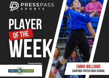 Poster graphic announcing 'Player of the Week' featuring a female volleyball player in a blue uniform; shows PressPass Sports logo and sponsor First United Bank.