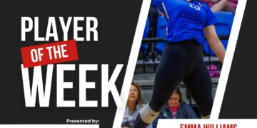 Poster graphic announcing 'Player of the Week' featuring a female volleyball player in a blue uniform; shows PressPass Sports logo and sponsor First United Bank.