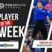 Copy of 2023 Athlete of the Week 82 | Press Pass Sports Poster graphic announcing 'Player of the Week' featuring a female volleyball player in a blue uniform; shows PressPass Sports logo and sponsor First United Bank.