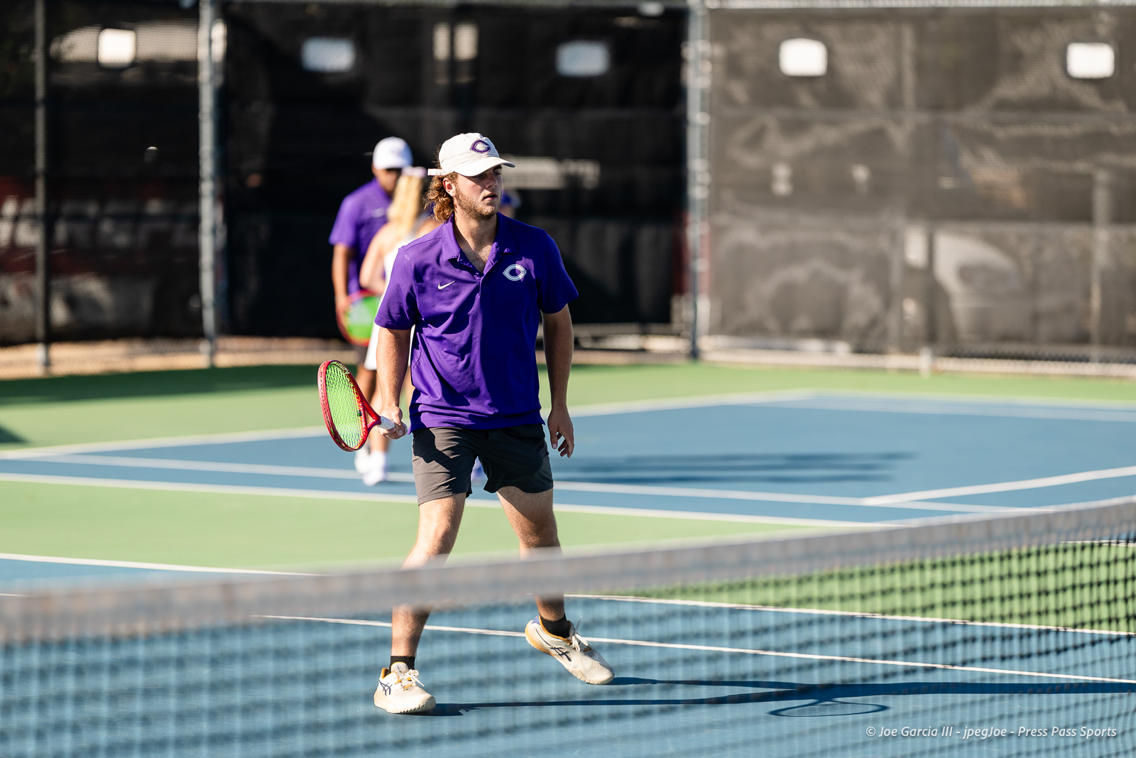 canyon-regional-tennis-5 | Press Pass Sports Male tennis player in a purple polo shirt and beige cap on a blue hard court, holding a bright green-rimmed racket mid-action, net in foreground.
