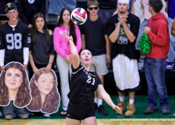 IMG_1378 | Press Pass Sports Female volleyball player in black spikes the ball as a crowd watches from the stands behind her, including cutout banner faces at the bottom edge.
