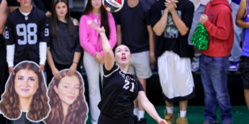 Female volleyball player in black spikes the ball as a crowd watches from the stands behind her, including cutout banner faces at the bottom edge.