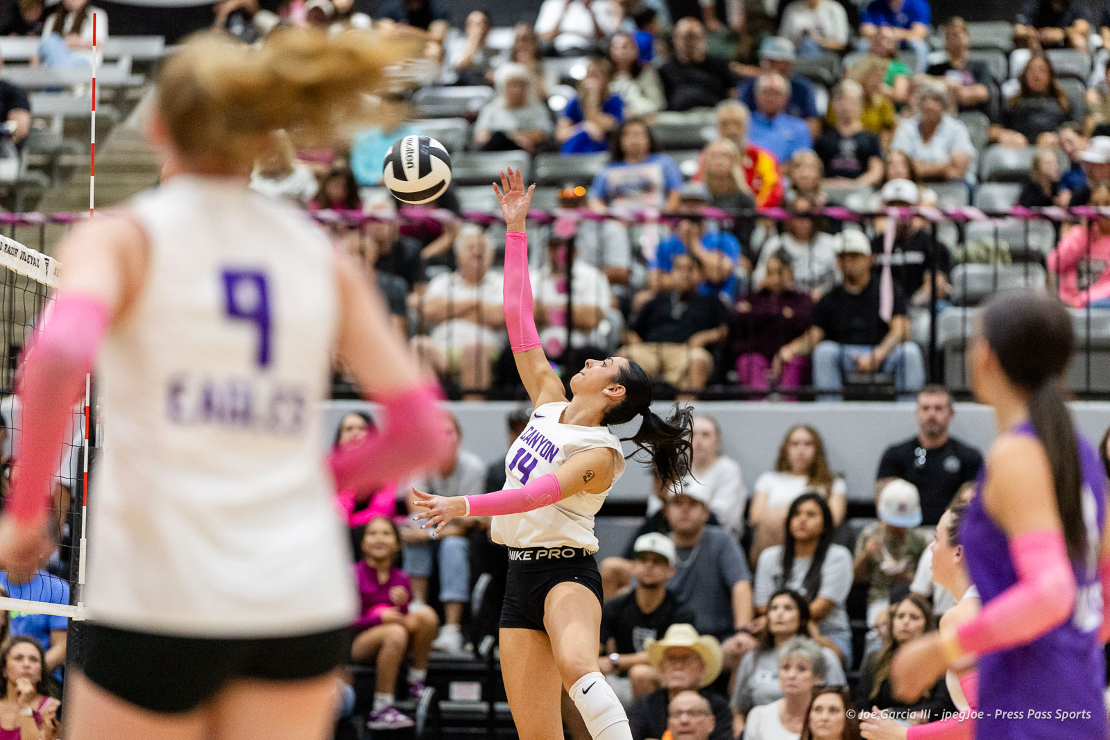 canyon-vs-west-plains-2026-12 | Press Pass Sports Volleyball player in white uniform (#14) reaches up to spike the ball as fans watch from the bleachers.