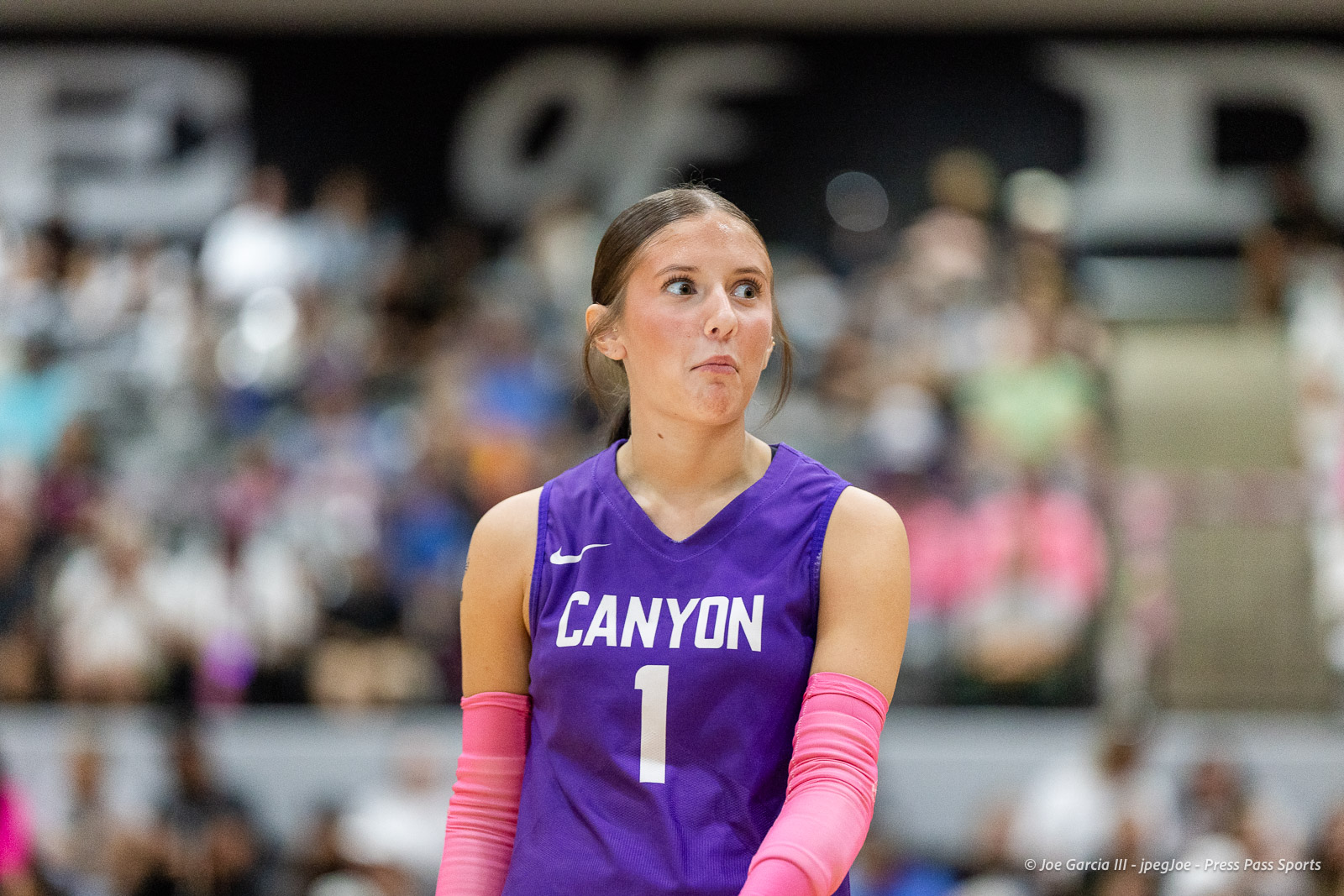 canyon-vs-west-plains-2026-17 | Press Pass Sports Female volleyball player in a purple Canyon jersey with the number 1, wearing pink arm sleeves, on a court with a blurred crowd in the background.