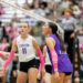 canyon-vs-west-plains-2026-18 | Press Pass Sports Female volleyball players on the court exchange a high-five near the net during a match; crowd in bleachers behind.