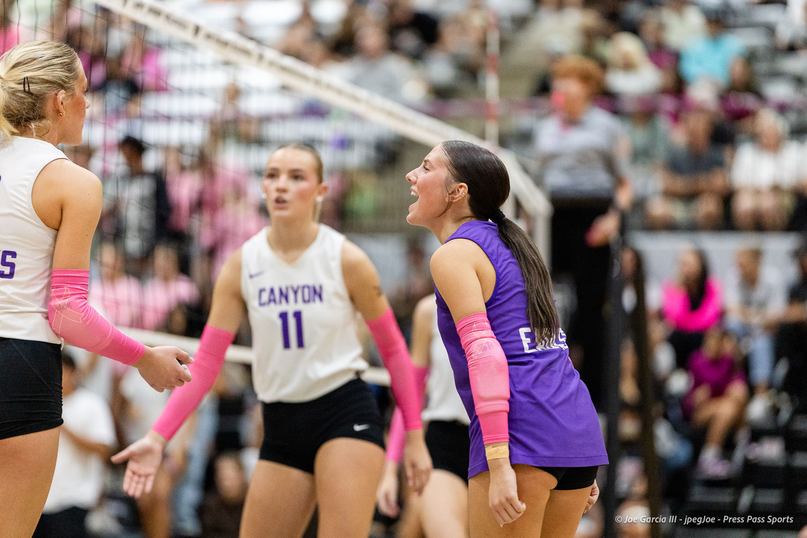 canyon-vs-west-plains-2026-18 | Press Pass Sports Female volleyball players on the court exchange a high-five near the net during a match; crowd in bleachers behind.