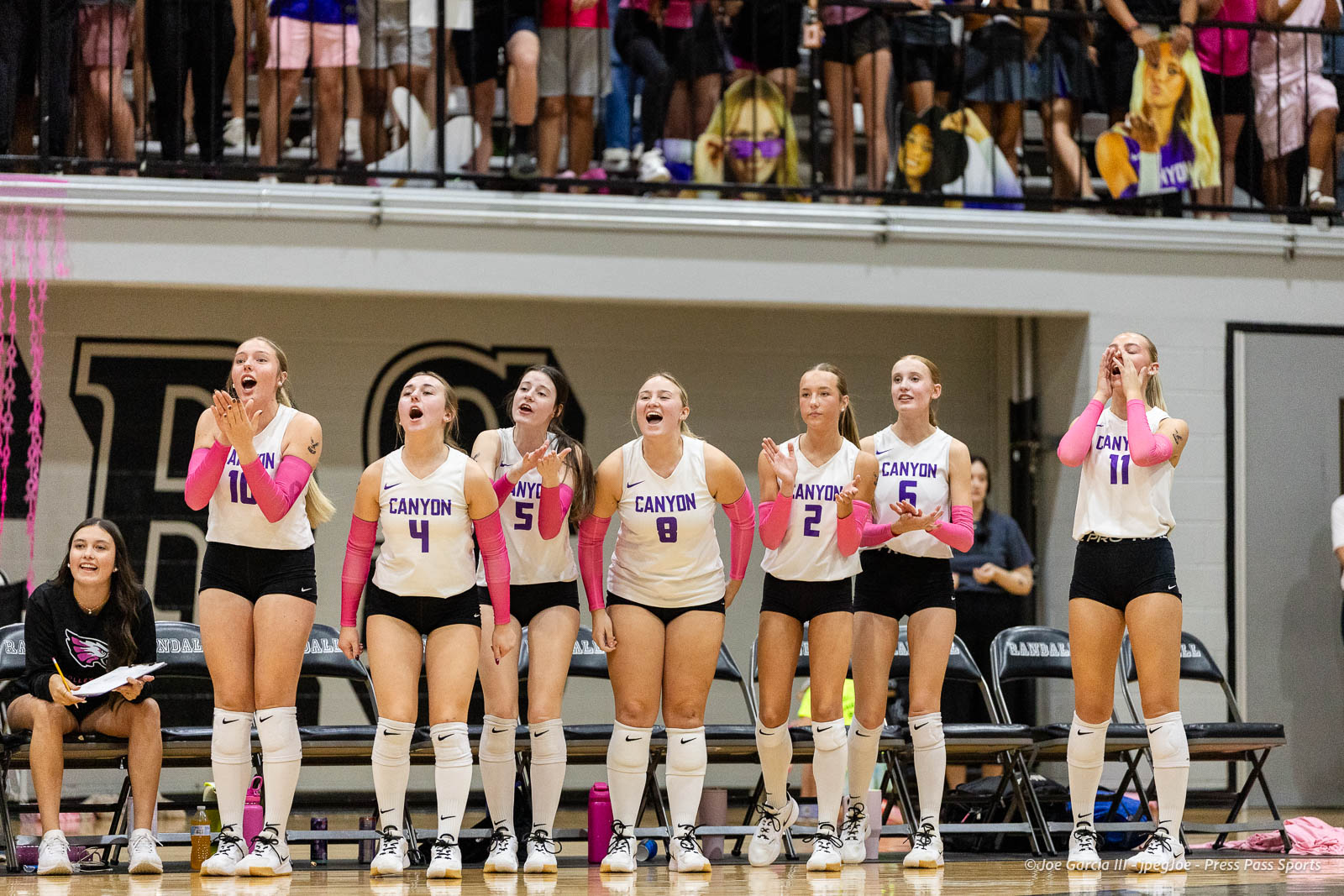 canyon-vs-west-plains-2026-20 | Press Pass Sports Canyon girls' volleyball team on the bench cheering during a match, with fans in the bleachers behind them.