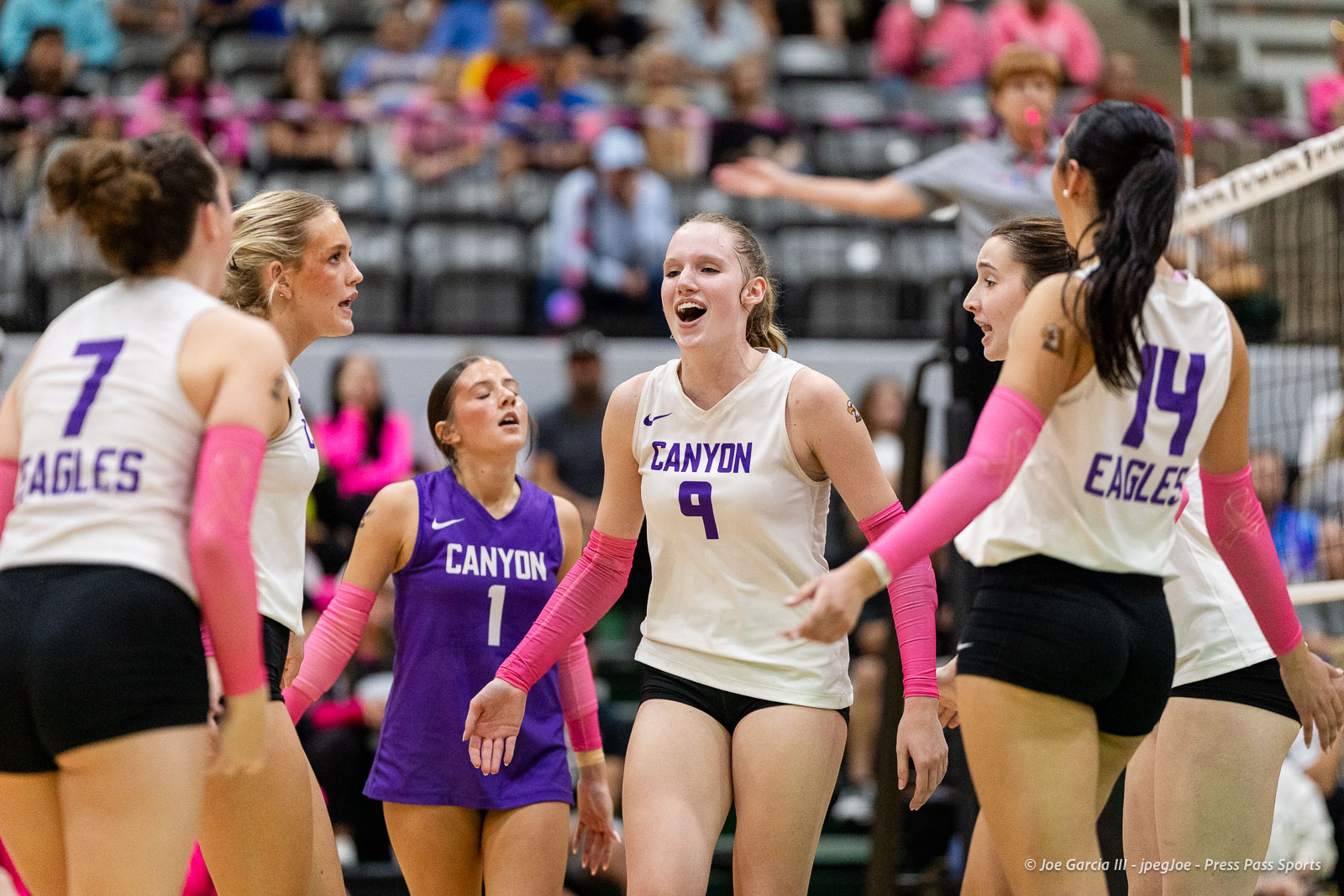 canyon-vs-west-plains-2026-35 | Press Pass Sports Canyon Eagles women’s volleyball players celebrate on court with white uniforms and pink sleeves, surrounding the center player #9.