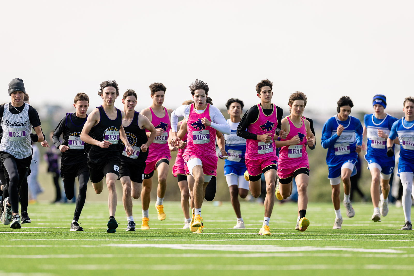 3A-4A-district-xc-jpegJoe-pps-88 | Press Pass Sports Group of young male runners at the start of a race on a green track, wearing pink, blue, and black uniforms with bib numbers visible.