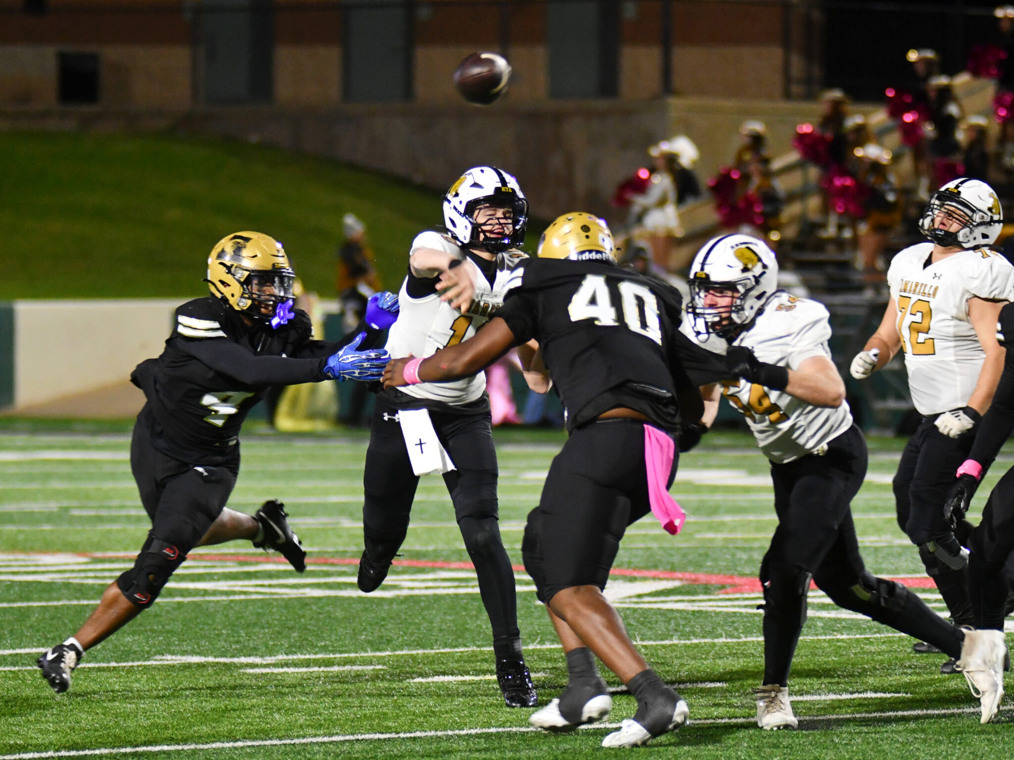 DSC_5781 | Press Pass Sports Football game action: multiple players reach for a high-throwing ball on a green turf, with white and black uniforms and cheerleaders in the background.