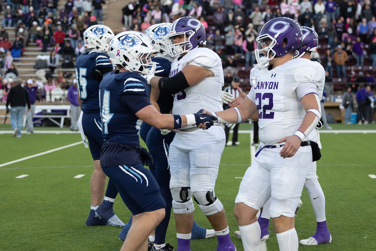 CHS-WPHS-FB-8 | Press Pass Sports Football players in white Canyon uniforms shake hands with opposing blue team on a green field after a play, crowd in stands behind them