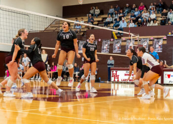Celebrating volleyball players on the court near the net after a point, with cheering teammates and spectators in the bleachers behind them.