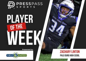 Copy of 2023 Athlete of the Week 84 | Press Pass Sports Graphic announcing Press Pass Sports Player of the Week with a celebrating football player and bold text.
