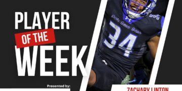 Graphic announcing Press Pass Sports Player of the Week with a celebrating football player and bold text.