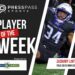Graphic announcing Press Pass Sports Player of the Week with a celebrating football player and bold text.