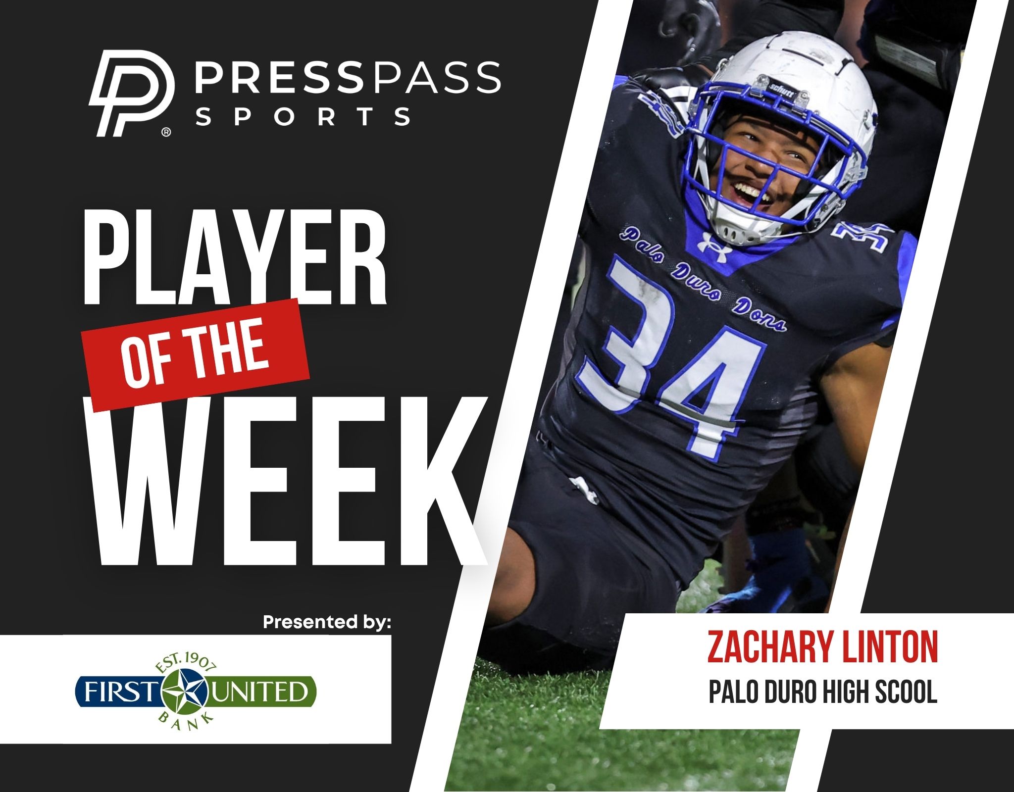 Copy of 2023 Athlete of the Week 84 | Press Pass Sports Graphic announcing Press Pass Sports Player of the Week with a celebrating football player and bold text.