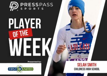 Copy of 2023 Athlete of the Week 87 | Press Pass Sports Promotional poster for Press Pass Sports announcing the 'Player of the Week' with a female athlete in blue gear and sponsor logos on a dark background.