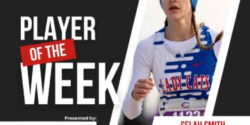 Promotional poster for Press Pass Sports announcing the 'Player of the Week' with a female athlete in blue gear and sponsor logos on a dark background.
