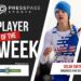 Copy of 2023 Athlete of the Week 87 | Press Pass Sports Promotional poster for Press Pass Sports announcing the 'Player of the Week' with a female athlete in blue gear and sponsor logos on a dark background.