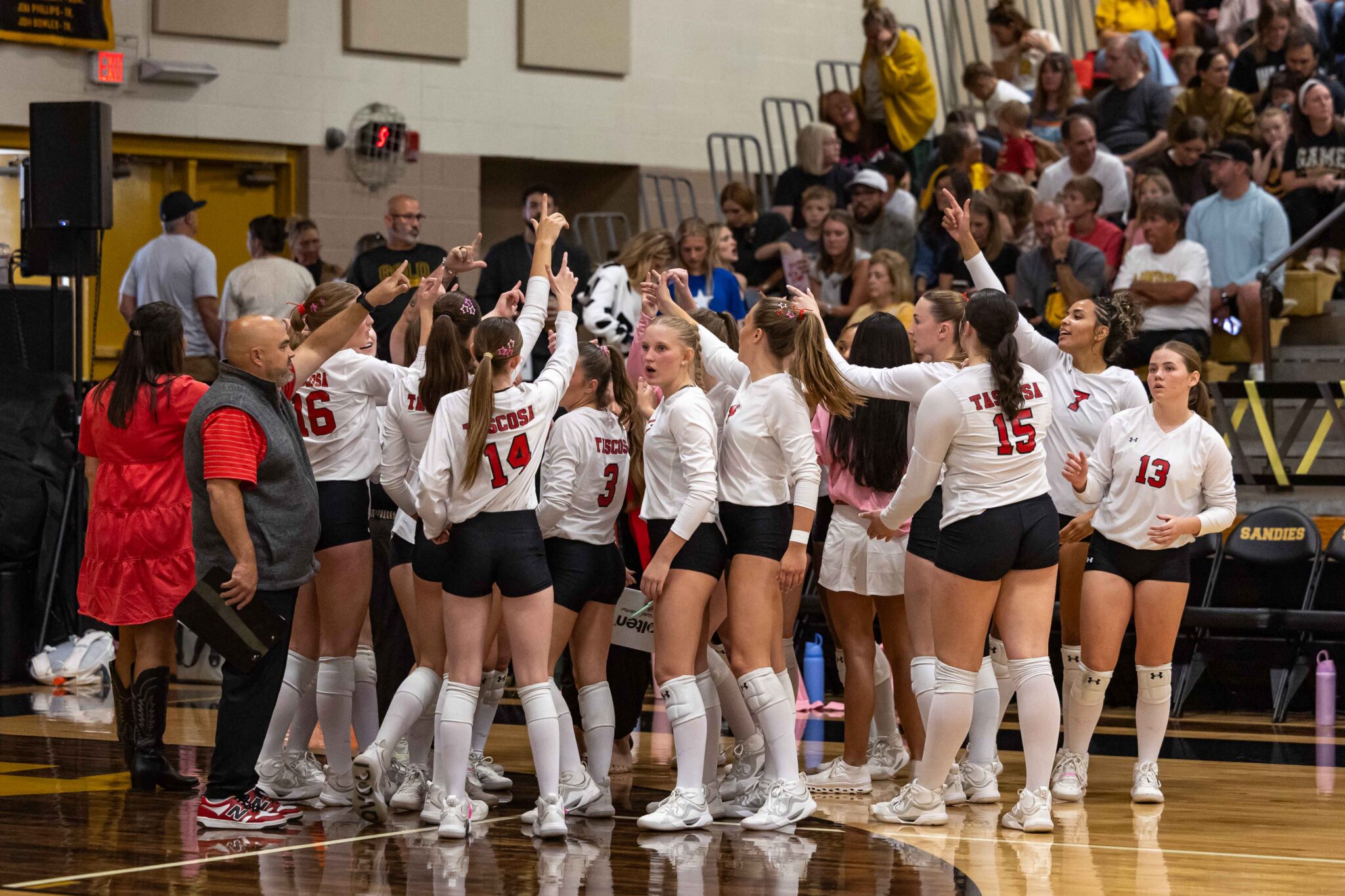 THS-AHS-VB-1 | Press Pass Sports Girls' volleyball team in white jerseys huddle on a gym floor as fans cheer from the bleachers behind them. The players raise their hands in celebration, visible numbers include 14 and 15 on their backs.