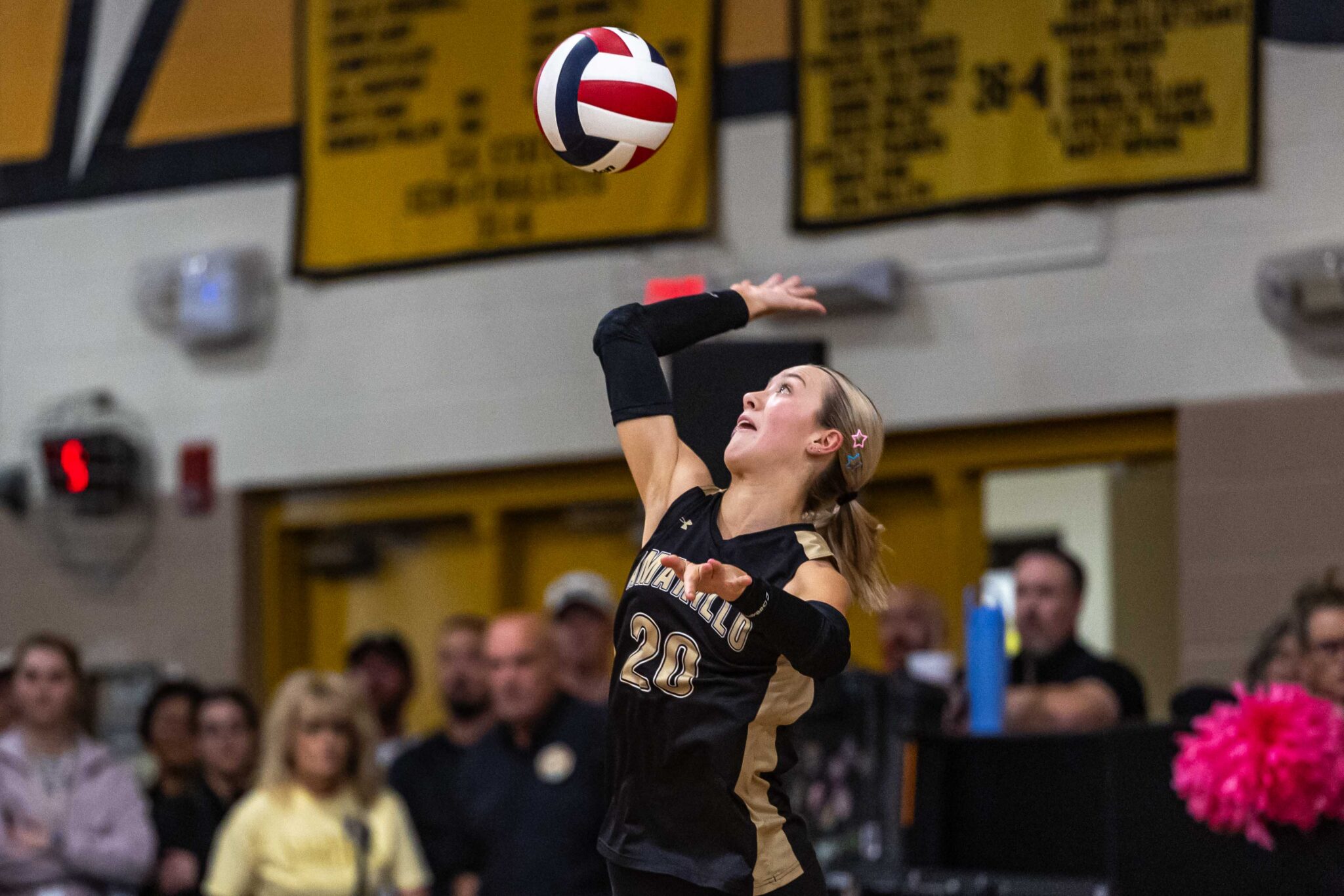 THS-AHS-VB-4 | Press Pass Sports Female volleyball player in black and gold jersey #20 jumps to spike the ball during a match, with fans watching in the background.