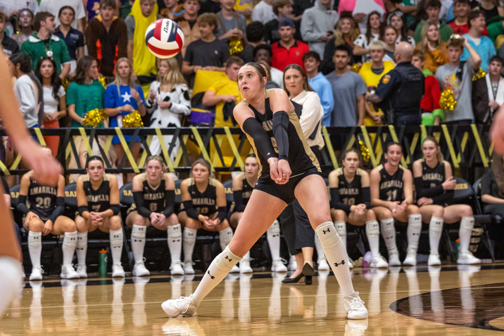 THS-AHS-VB-16 | Press Pass Sports Volleyball player in beige and black uniform diving to save the ball while a crowded audience watches from the stands.