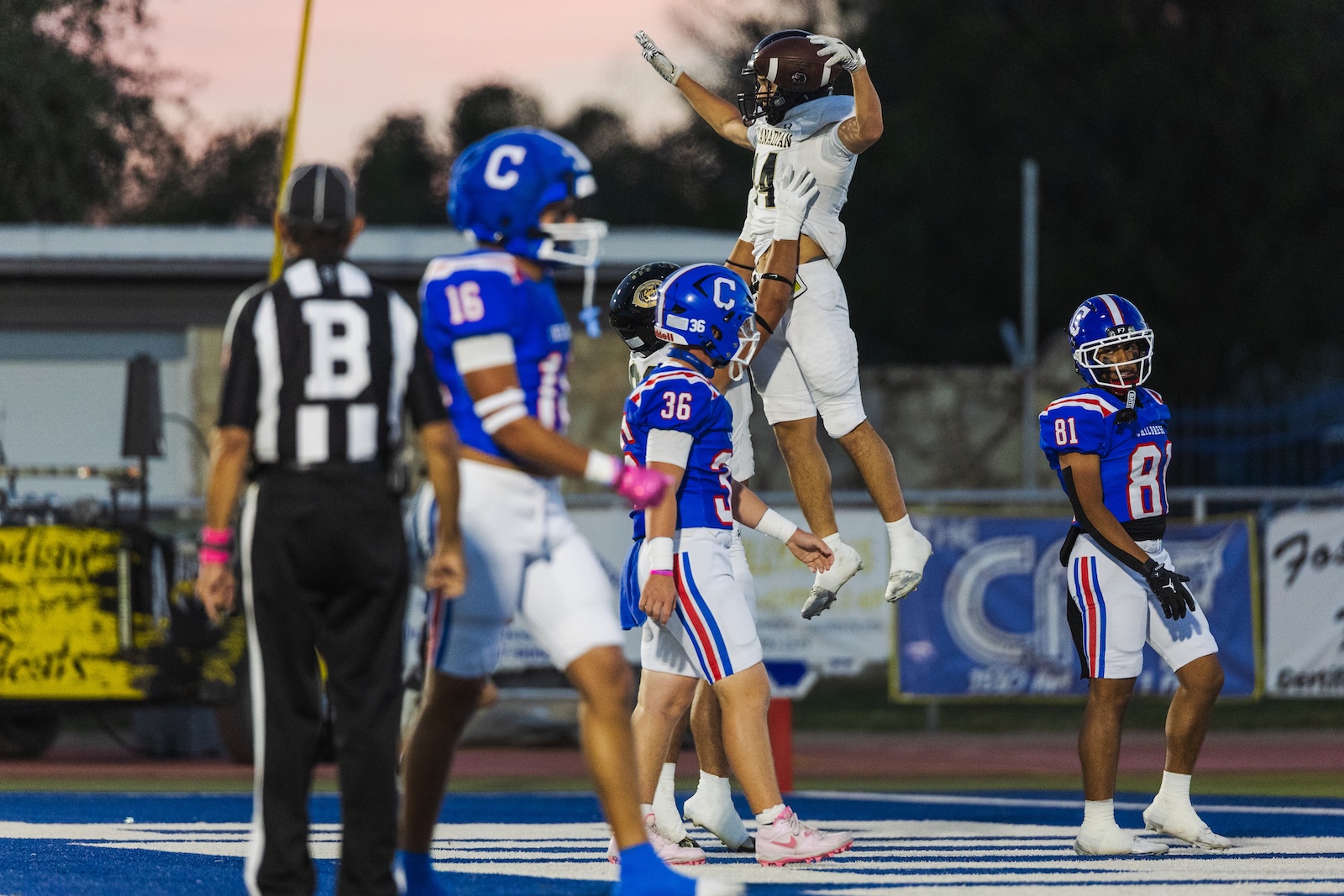 DE3_8503 | Press Pass Sports White-jersey player leaps upward to catch the football while blue-team players look on near the end zone, with a referee in the foreground.