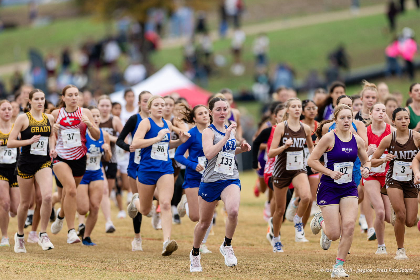 regional-xc-lubbock-2026-jpegJoe-pps-7 | Press Pass Sports Female runners compete in a cross-country race on a grassy field, bib numbers visible as they sprint forward.