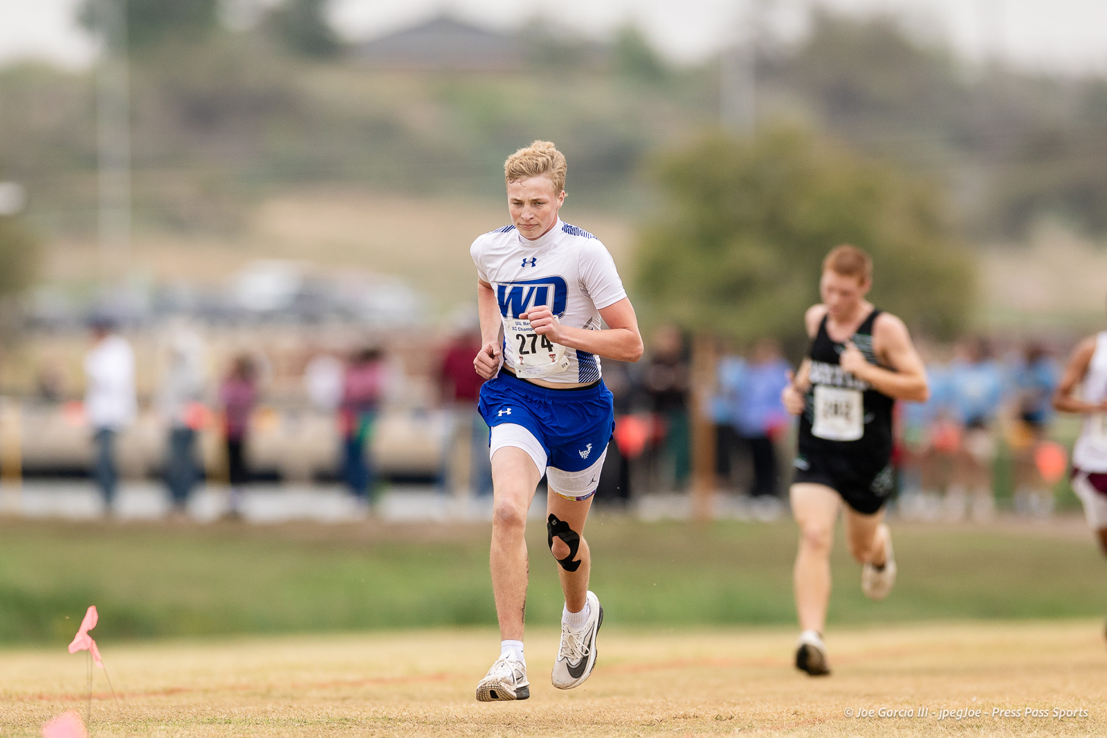 regional-xc-lubbock-2026-jpegJoe-pps-17 | Press Pass Sports Young male sprinter in white and blue outfit with bib 274 leading a race on a grassy track, others blurred in the background.