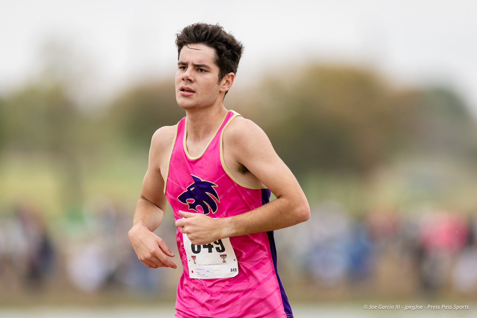 regional-xc-lubbock-2026-jpegJoe-pps-32 | Press Pass Sports Male runner in a pink racing singlet with a purple lion logo, mid-stride during a race, with a blurred crowd in the background.
