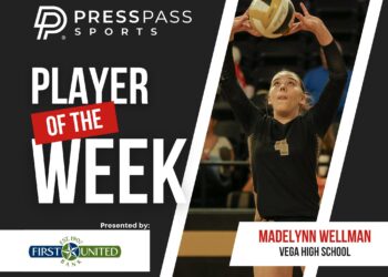 Copy of 2023 Athlete of the Week 88 | Press Pass Sports Graphic announcing 'Player of the Week' by Press Pass Sports, featuring a volleyball player reaching to spike a ball with sponsor logos.
