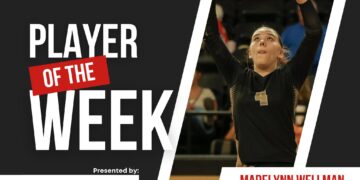 Graphic announcing 'Player of the Week' by Press Pass Sports, featuring a volleyball player reaching to spike a ball with sponsor logos.