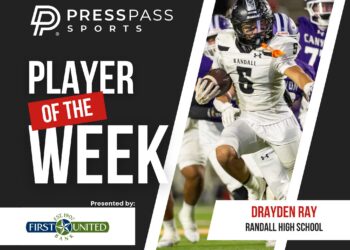 Copy of 2023 Athlete of the Week 89 | Press Pass Sports Banner announcing 'Player of the Week' feature with a high school football player running with the ball on a dark, curved graphic background.