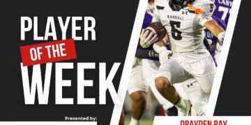 Banner announcing 'Player of the Week' feature with a high school football player running with the ball on a dark, curved graphic background.