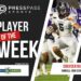 Banner announcing 'Player of the Week' feature with a high school football player running with the ball on a dark, curved graphic background.
