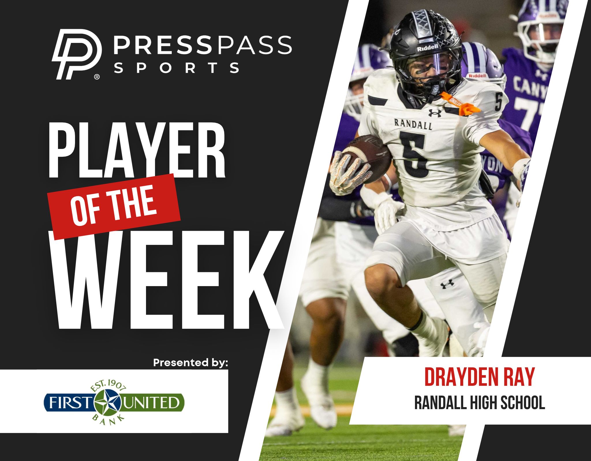 Copy of 2023 Athlete of the Week 89 | Press Pass Sports Banner announcing'Player of the Week' feature with a high school football player running with the ball on a dark, curved graphic background.