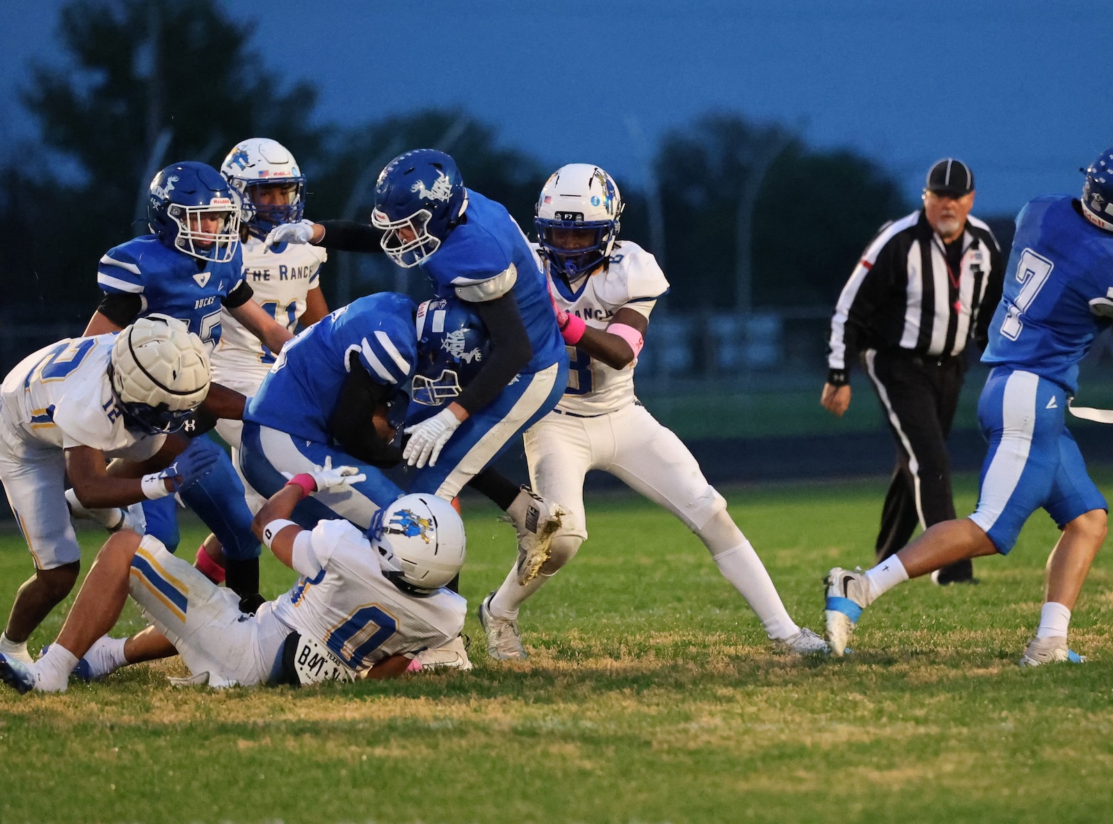 A football players tackle on a grassy field as one player in blue carries the ball while others in white and blue converge nearby, dusk sky in background.